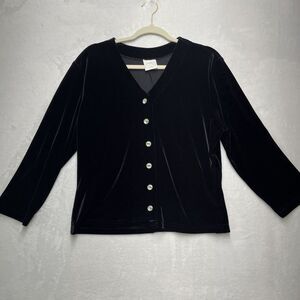 VTG Carol Le Valley Velvet Button Front Blouse Womens Large Black 3/4 Sleeve USA